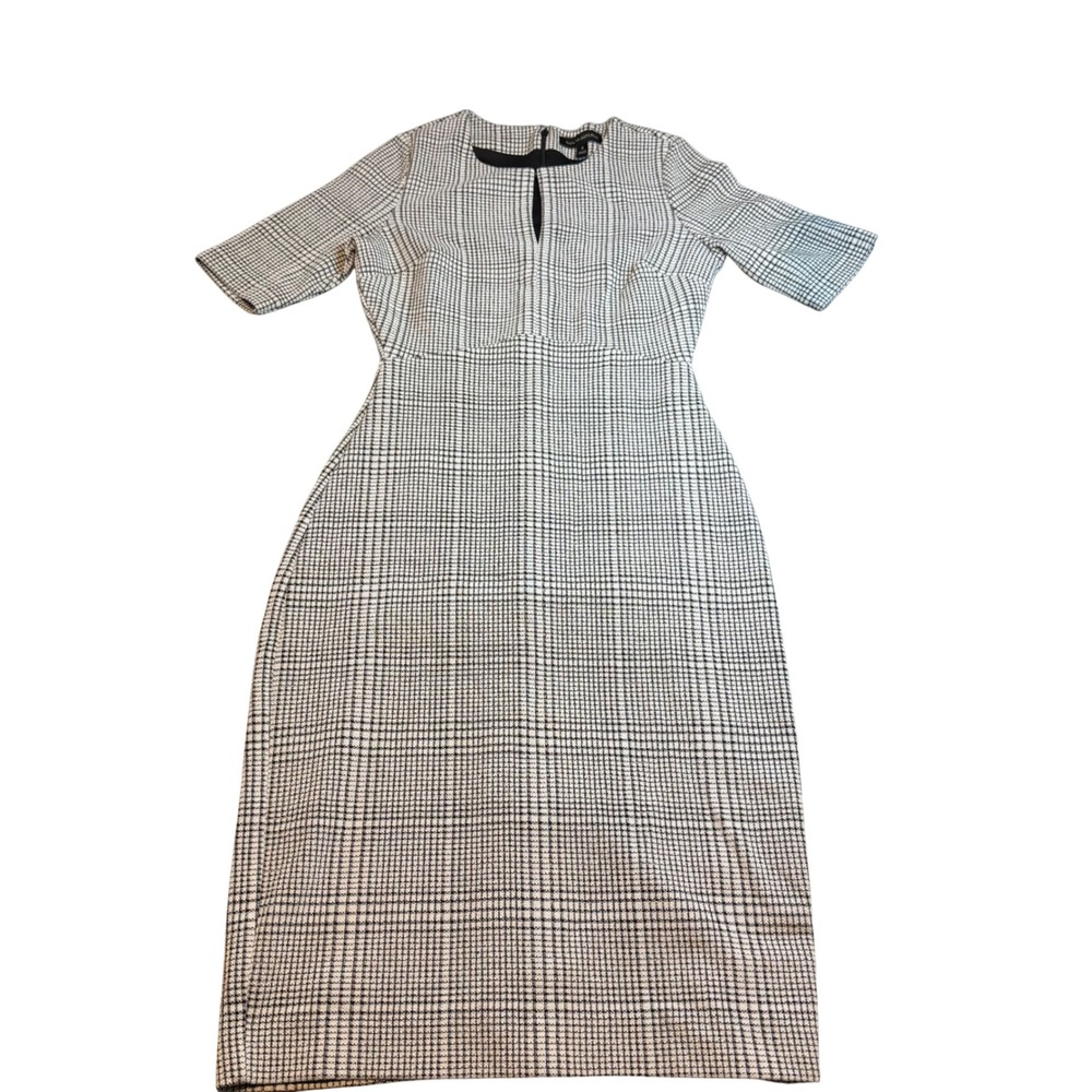 Banana Republic Glen Plaid Sheath Dress Black White Keyhole Neck Size 0 Workwear
